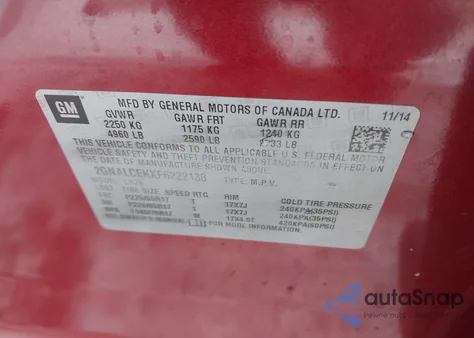 2015 Chevrolet Equinox 2Lt z USA, uszkodzony, nr VIN 2GNALCEKXF6222138